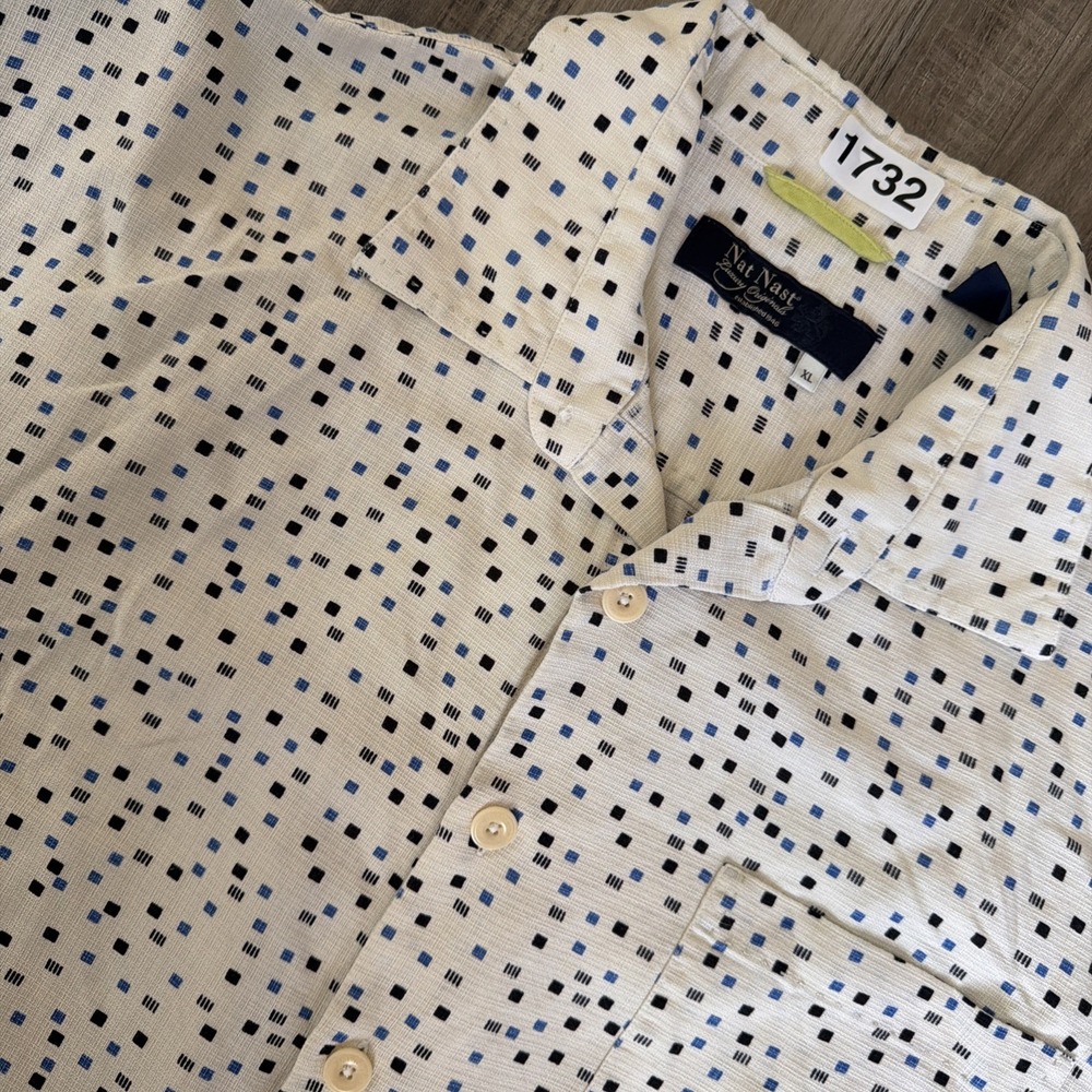 Nat Nast Mens XL Silk Cotton Blend Short Sleeve Button Up Patterned Shirt